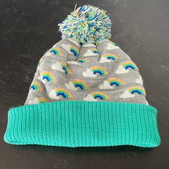 Tucker + Tate Kids Gray Green Teal Rainbows Pattern Pom Beanie Girls OS NWOT - Picture 1 of 4